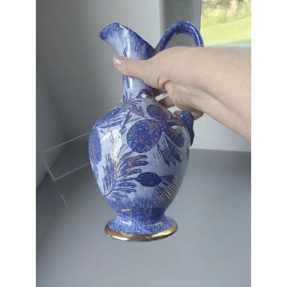 VTG Holland Pitcher Blue Gold Hand Painted Genie Bottle Handle Signed Capri MCM